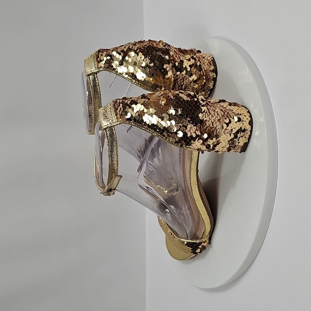 Steve Madden Carrson Sequin Block Heel Sandals 6 Gold Ankle Strap Formal Dress - Picture 8 of 14
